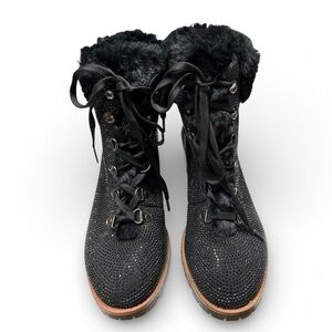 Nanette Lepore Black Beaded Faux Fur Ankle Boots Lace Up Chunky Heel Size 8M